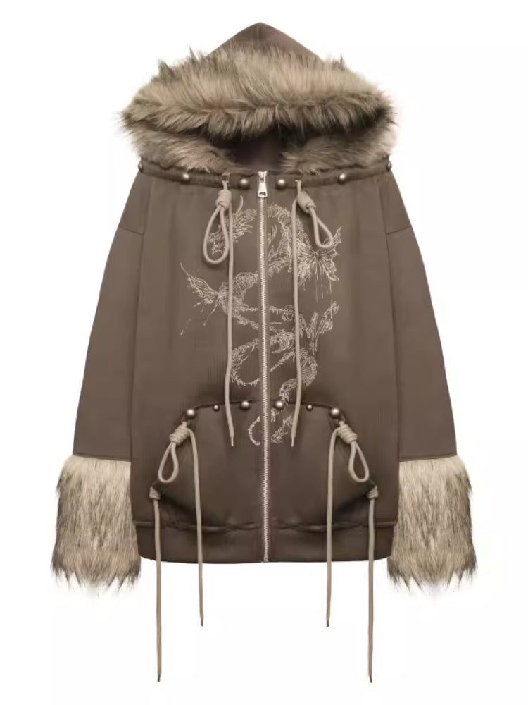 Fur and velvet hooded sweatshirt