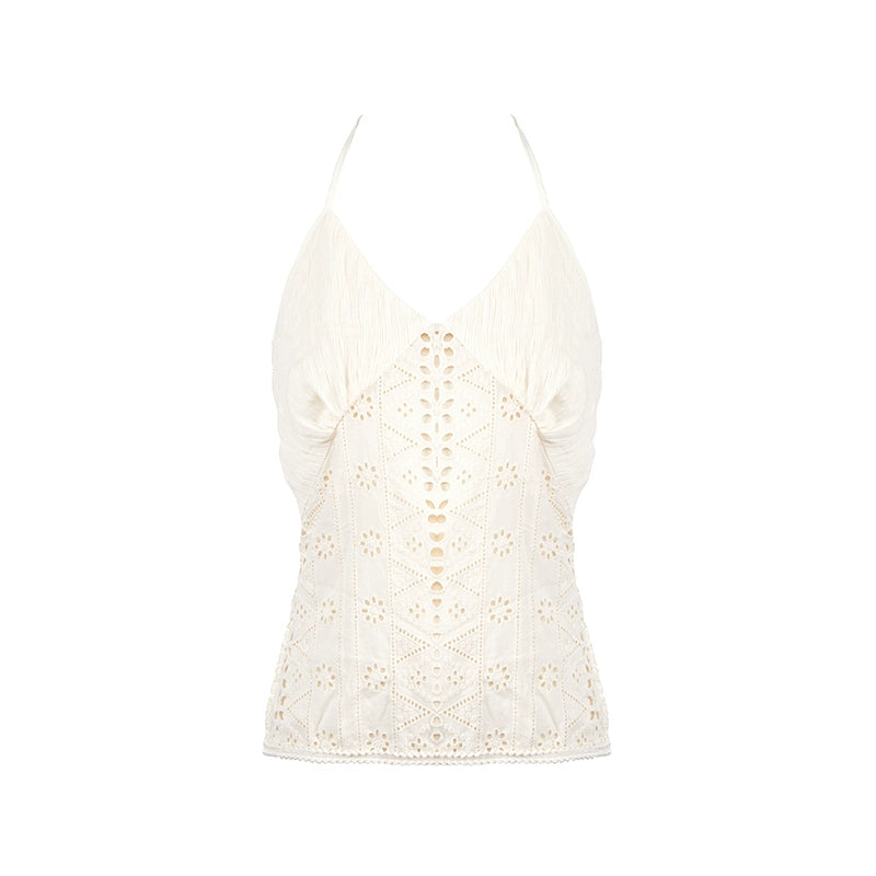Romantic White Embroidered Halterneck Top
