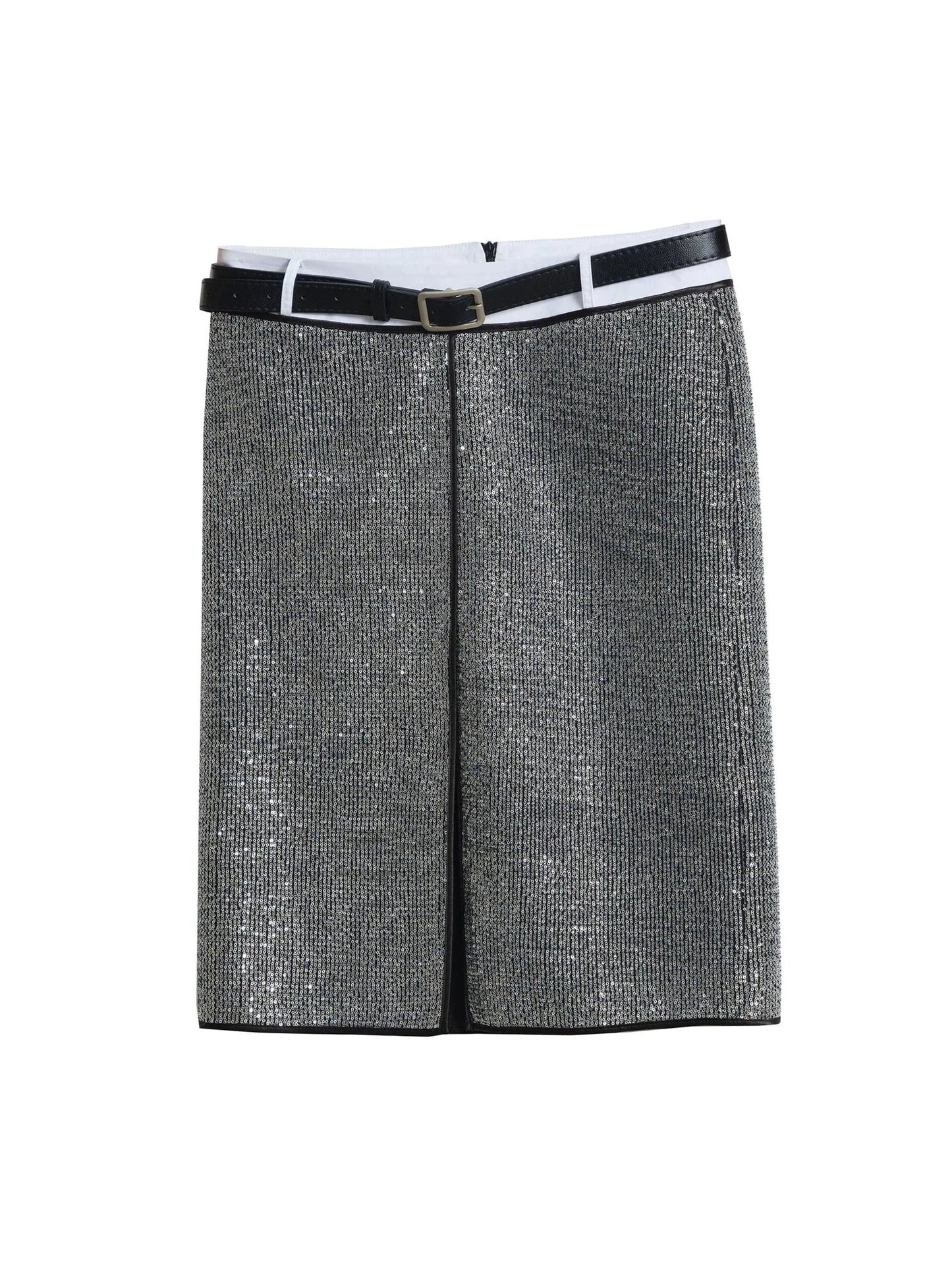 벨트가 있는 레트로 실버 스팽글 슬릿 펜슬 스커트