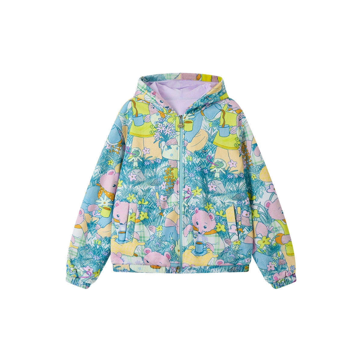 Blue Green Bear Print Hooded Jacket