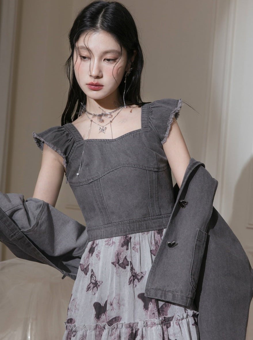 나비 데님 프린트 드레스