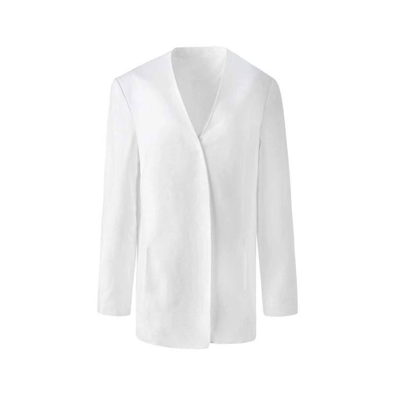White Collarless V-Neck Loose Suit Set-Up