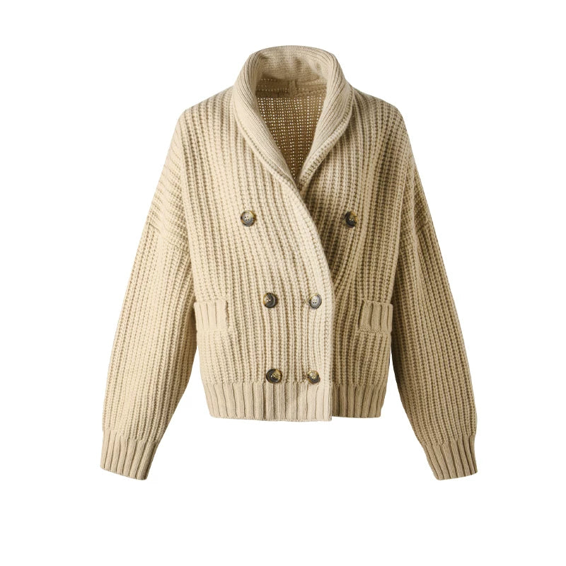 Kamelfarbener zweireihiger Strick-Strickjacke
