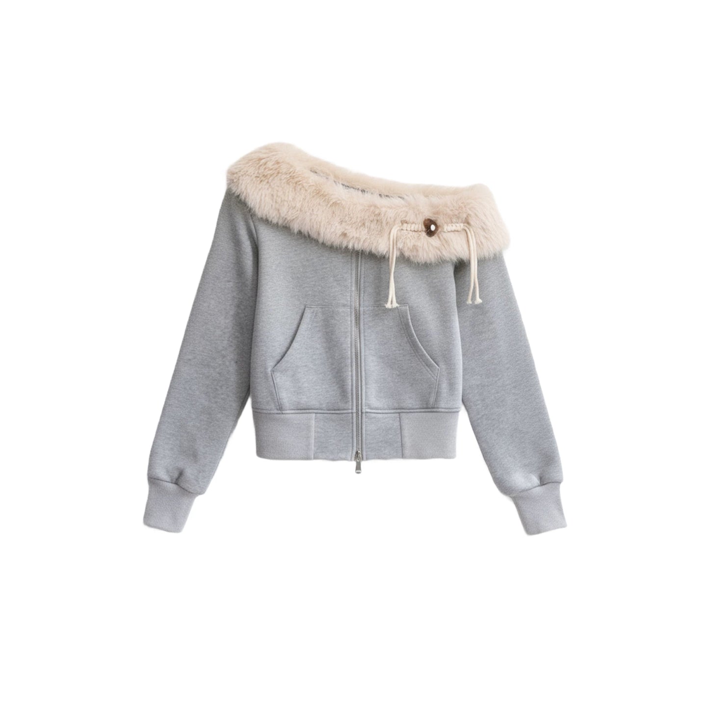 Mist Gray Off-Shoulder Pelzjacke