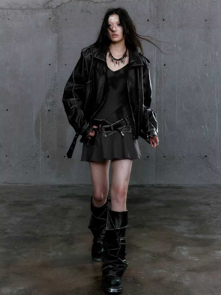 Retro double zipper leather jacket