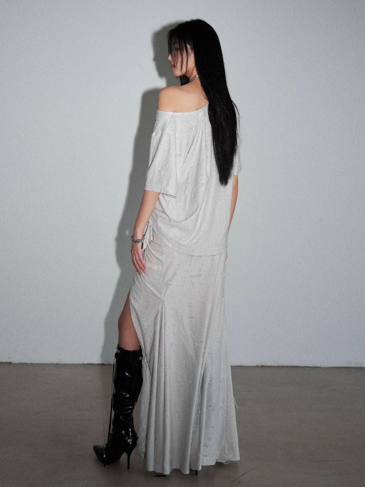 Distressed tops and long skirt