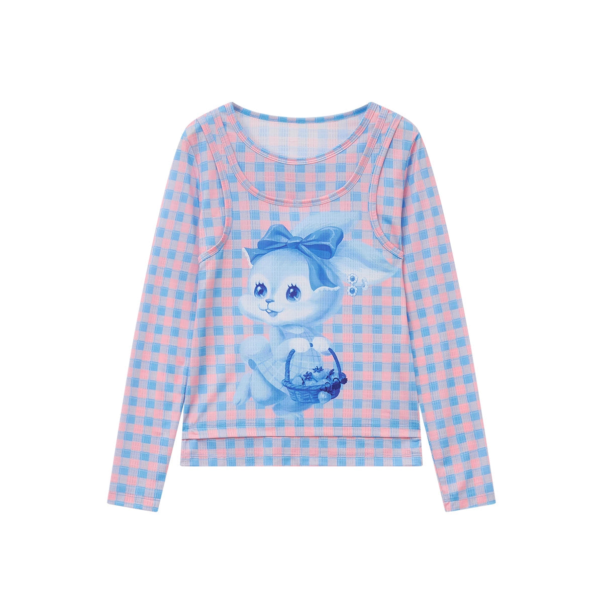 Plaid Fake Two-Piece Slim Base T-shirt