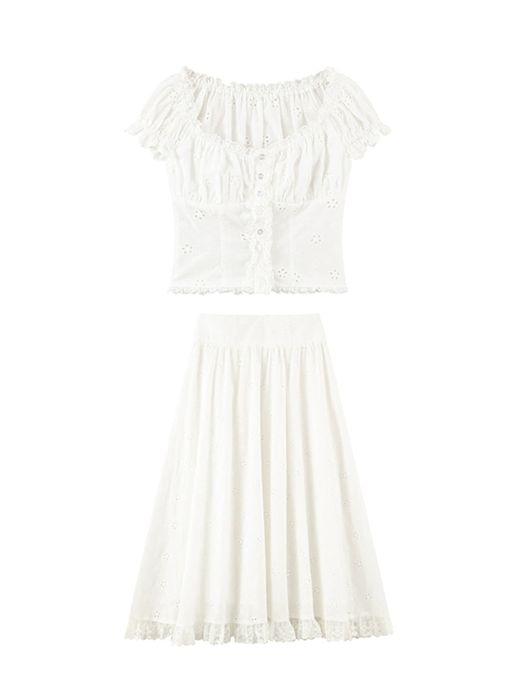 Floral Embroidered Top And Flared Skirt Set-Up