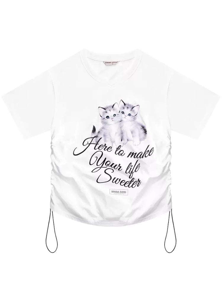 Katze Druck V-Ausschnitt Kurzarm T-Shirt