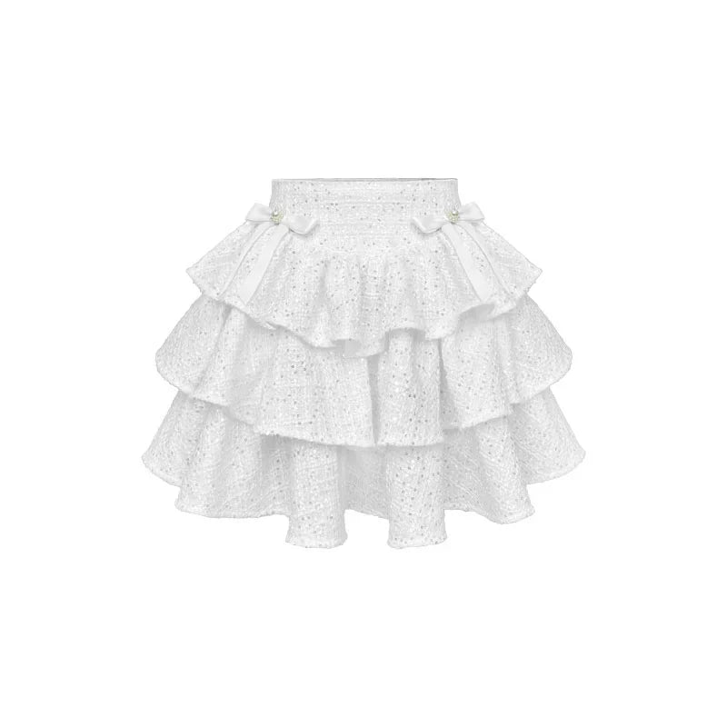 스팽글 진주 리본 트위드 케이크 스커트