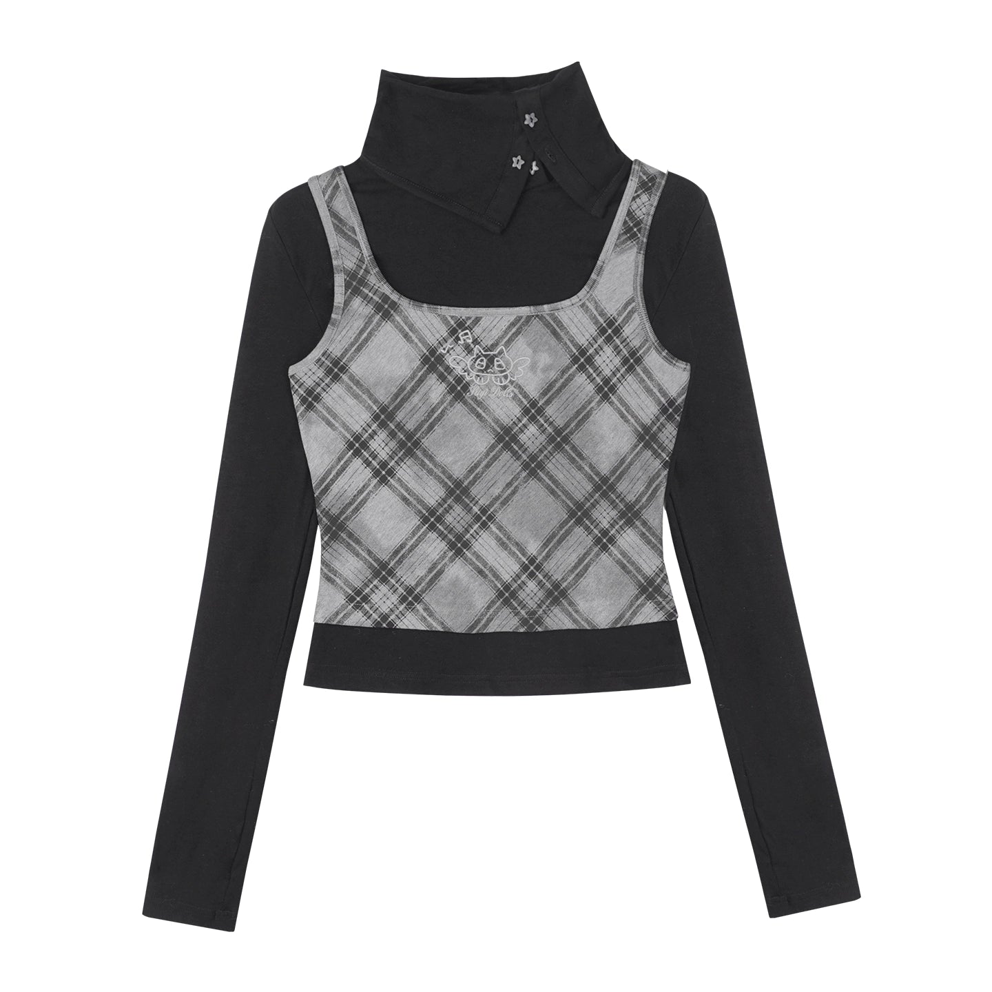Retro Plaid Turtleneck Fake Two-Piece Top
