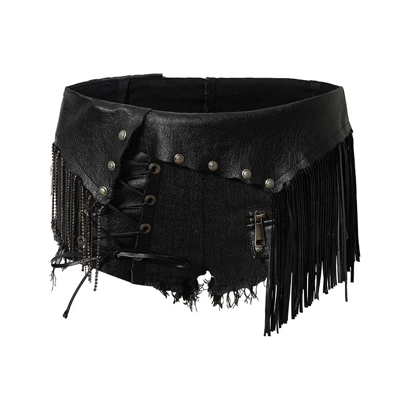 Punk Chain Leather Denim Shorts