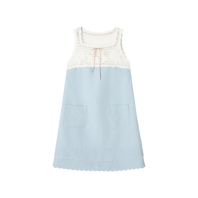 Blue Crochet Square Neck Dress
