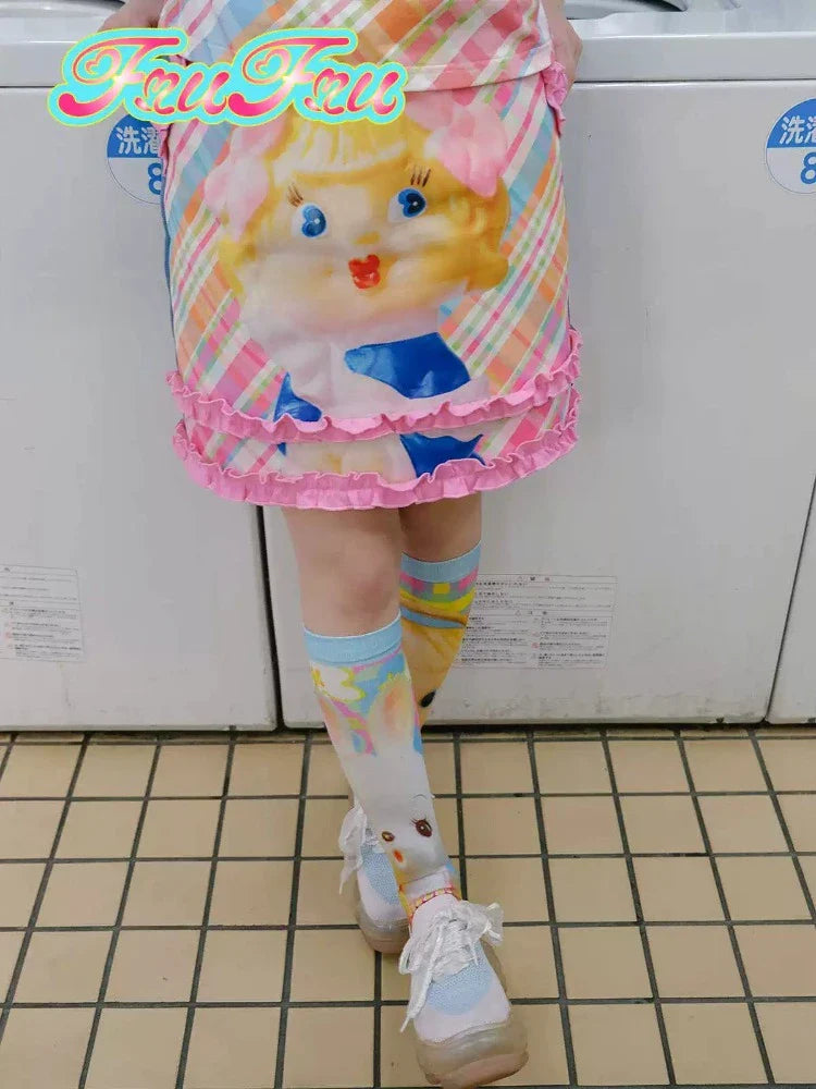 핑크 체크 프린트 데님 스커트