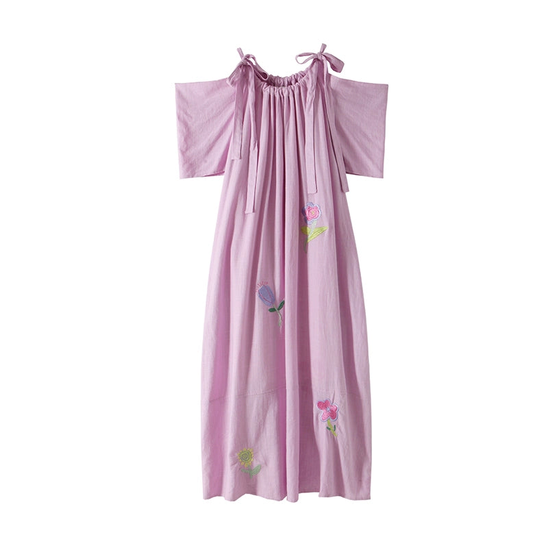 Sweet Peach Nectar Linen Embroidery Dress