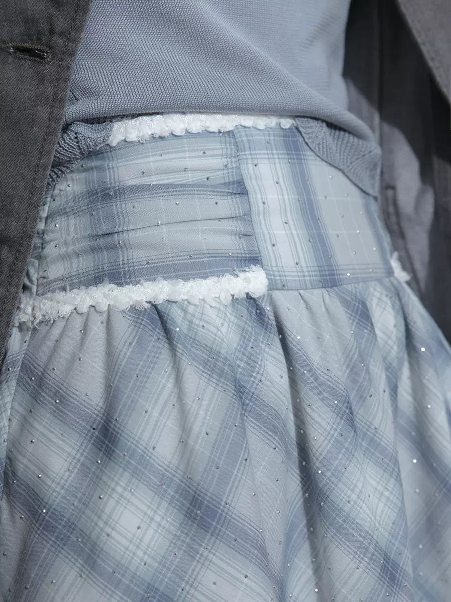 Karierter Chiffon Halbblauer Rock