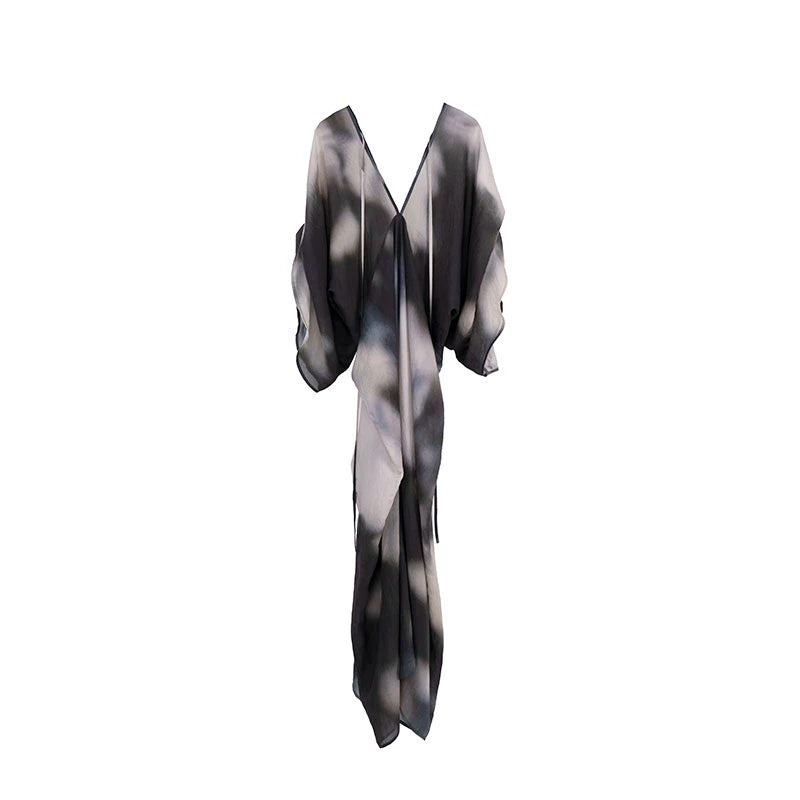 Chinese Ink Blended V-Neck Bat Sleeve Long Dress