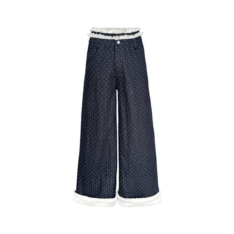 Blue Polka Dot Wide-Leg Jeans Pants