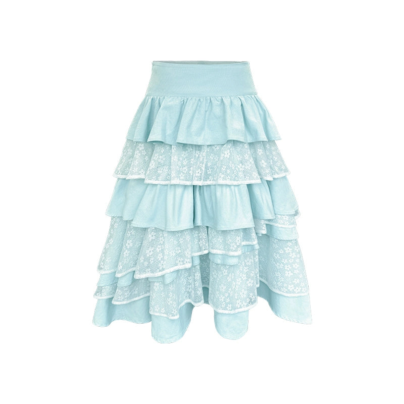 Mint Blue Lace Patchwork Puffy Skirt