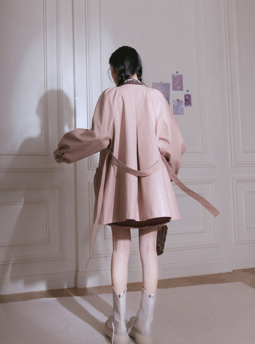 라운드 넥 래글런 가죽 재킷