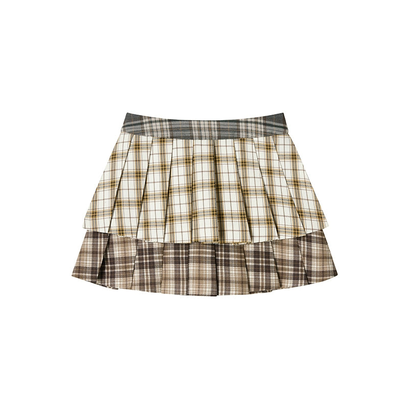Plaid Splicing Pleated Skirt