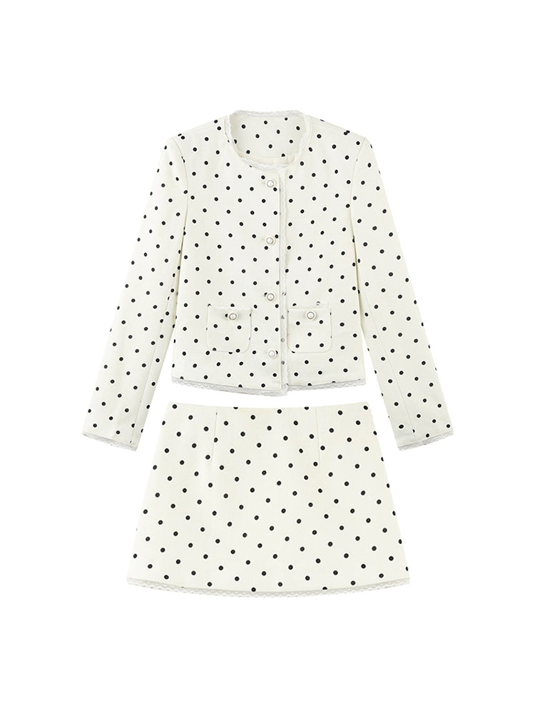 Beige Polka Dot Lace Ensemble Cardigan Set-Up