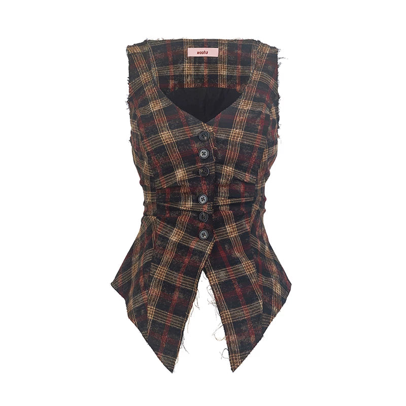 Frayed Edge Plaid Vest