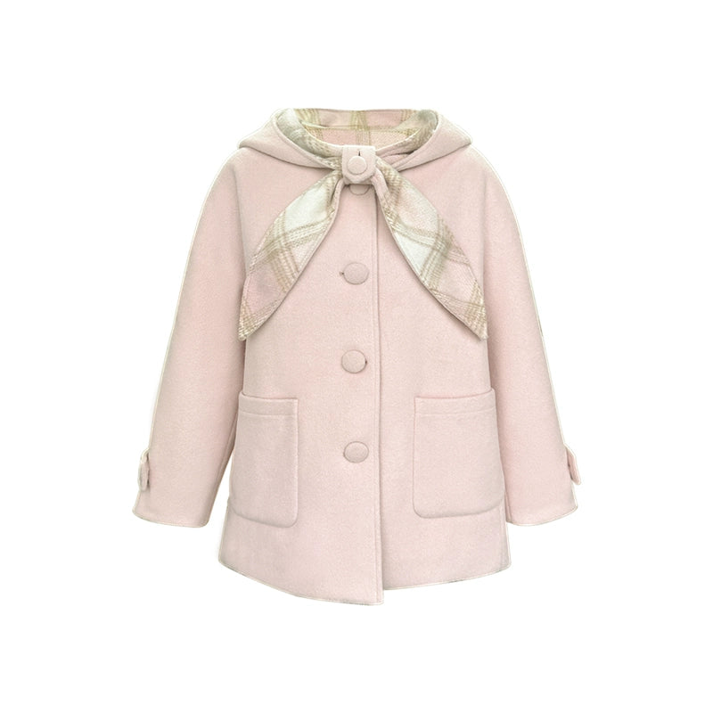 Pink Paneled Plaid Hooded Wool Coat