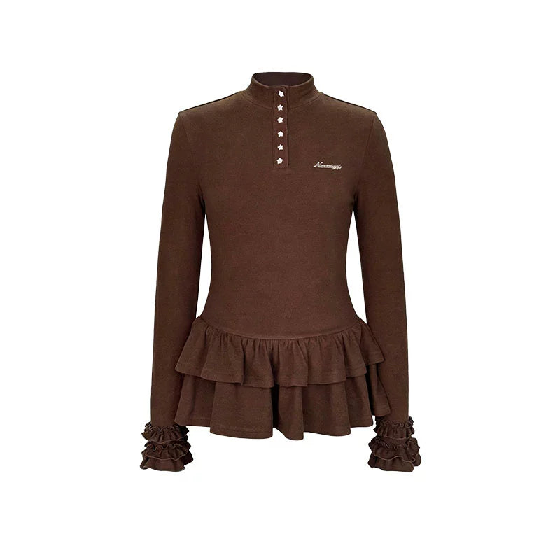 Six-Button Lace Hem Blouse Top