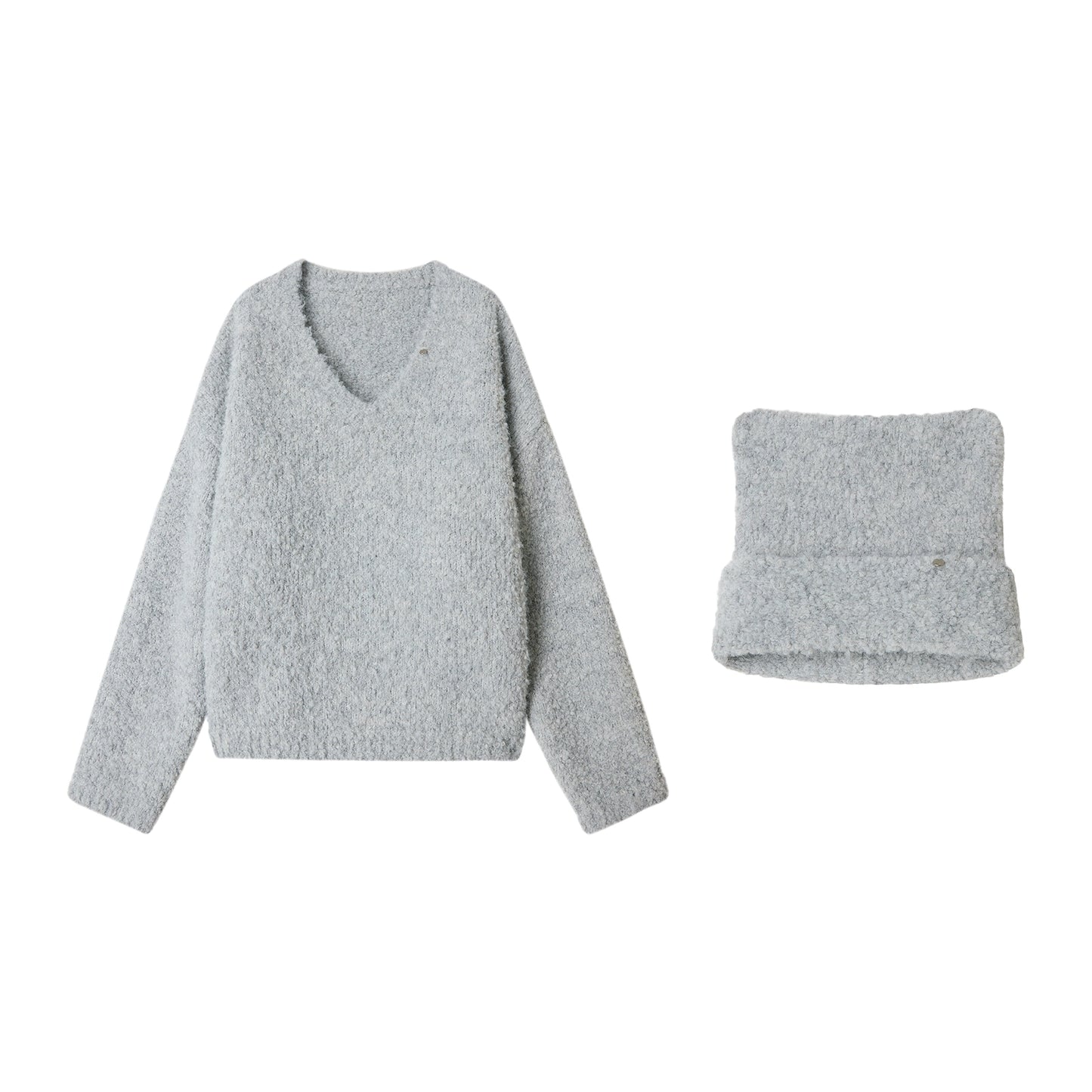 Gray Knit V-Neck Sweater Hat Set