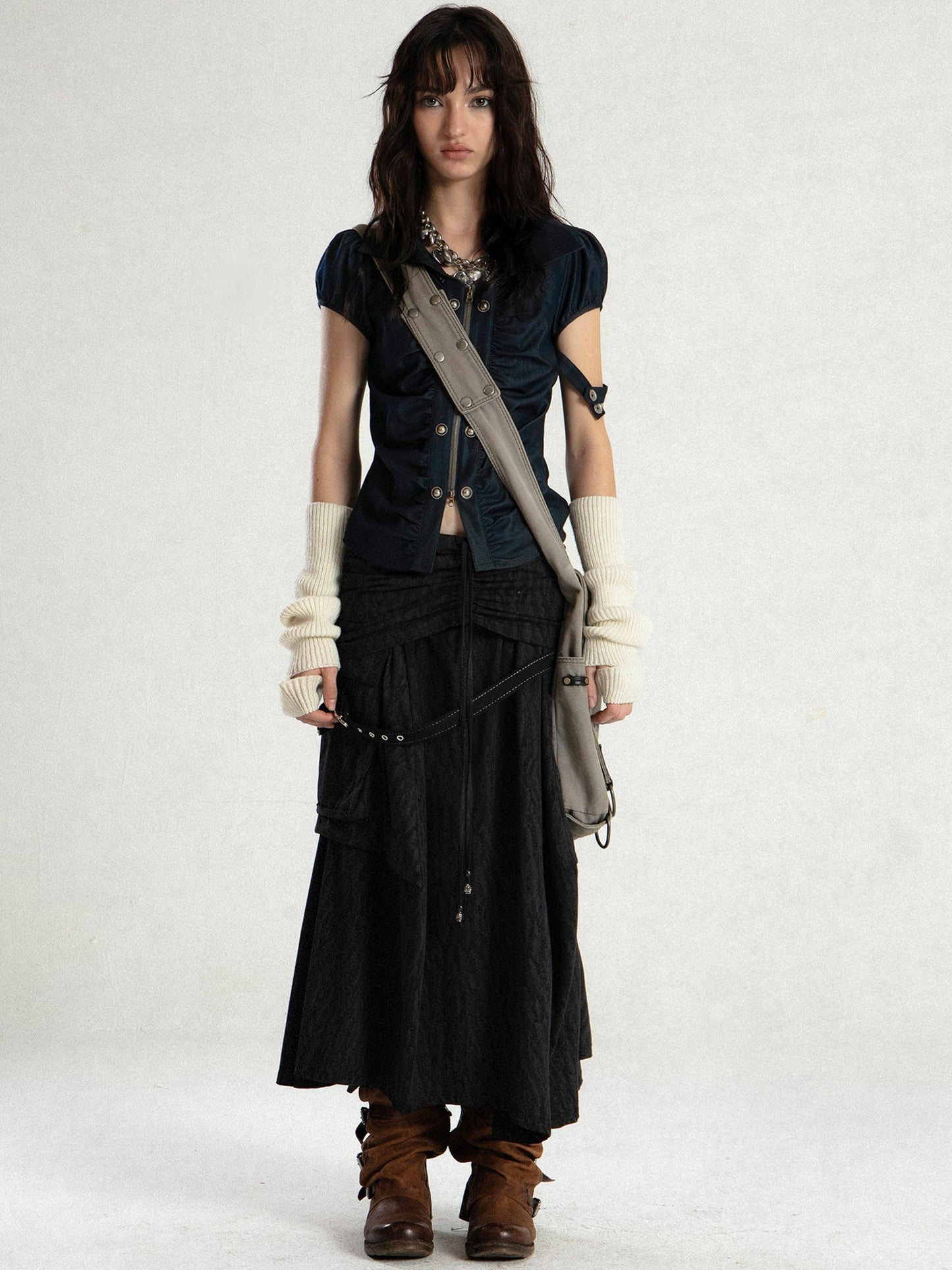 주름 장식 허리 프린세스 슬리브 반팔 셔츠