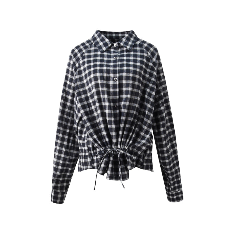 Navy Plaid Drawstring Top