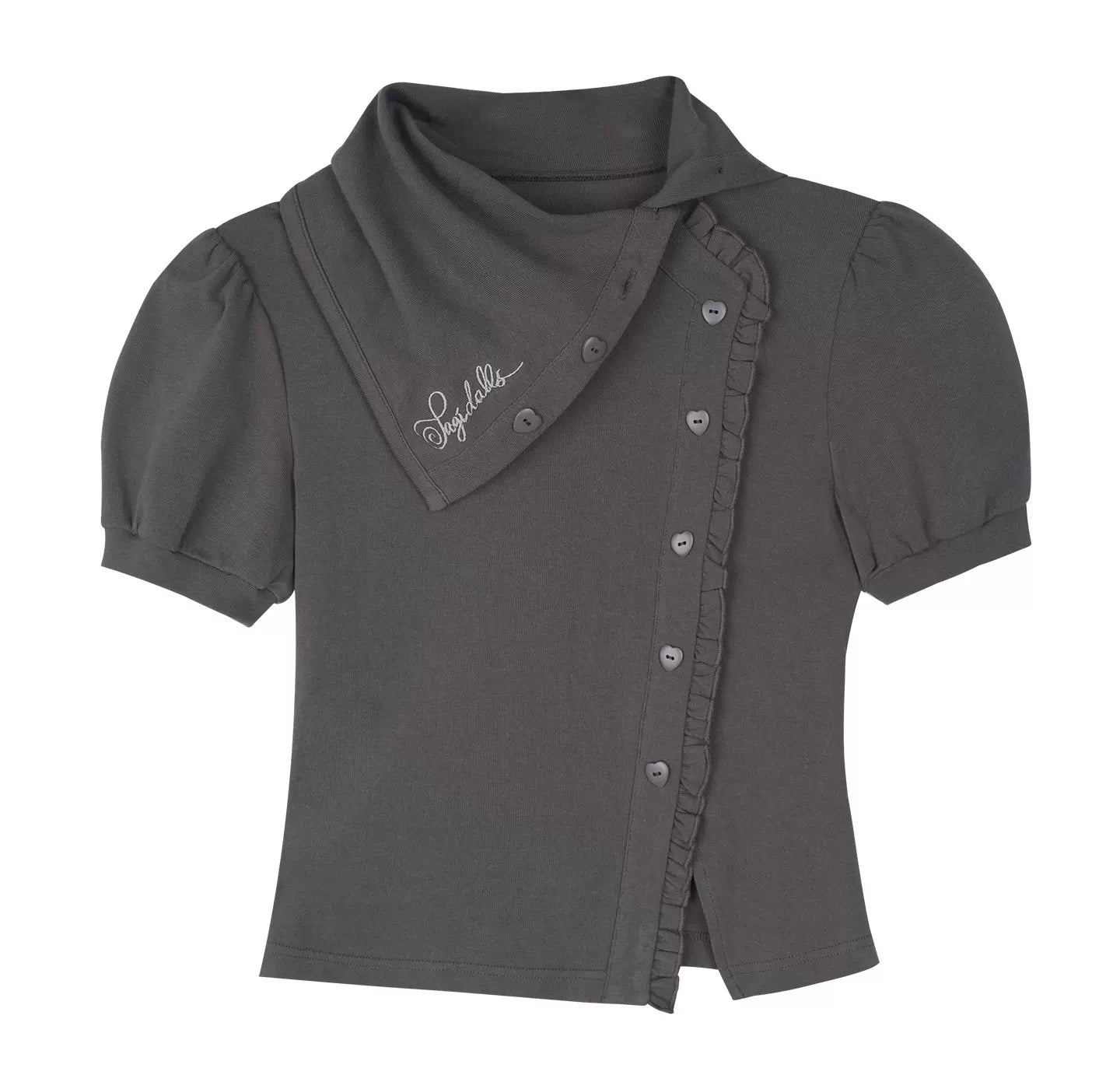 Graue Bluse mit diagonaler Knopfleiste
