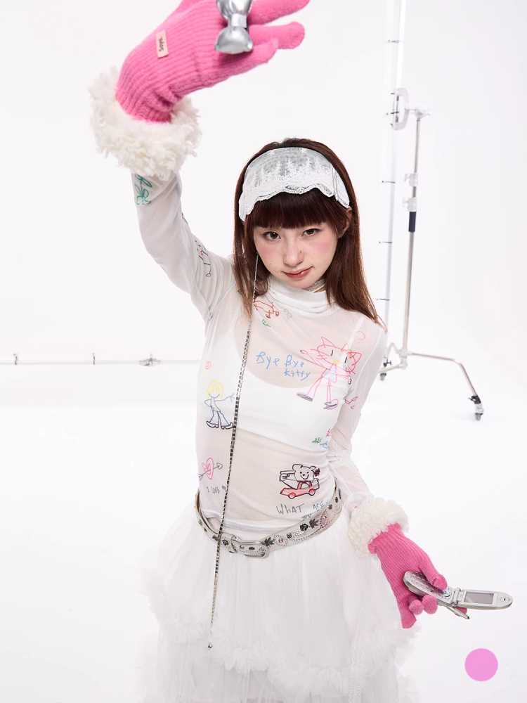 Bedrucktes Mesh Langarmoberteil