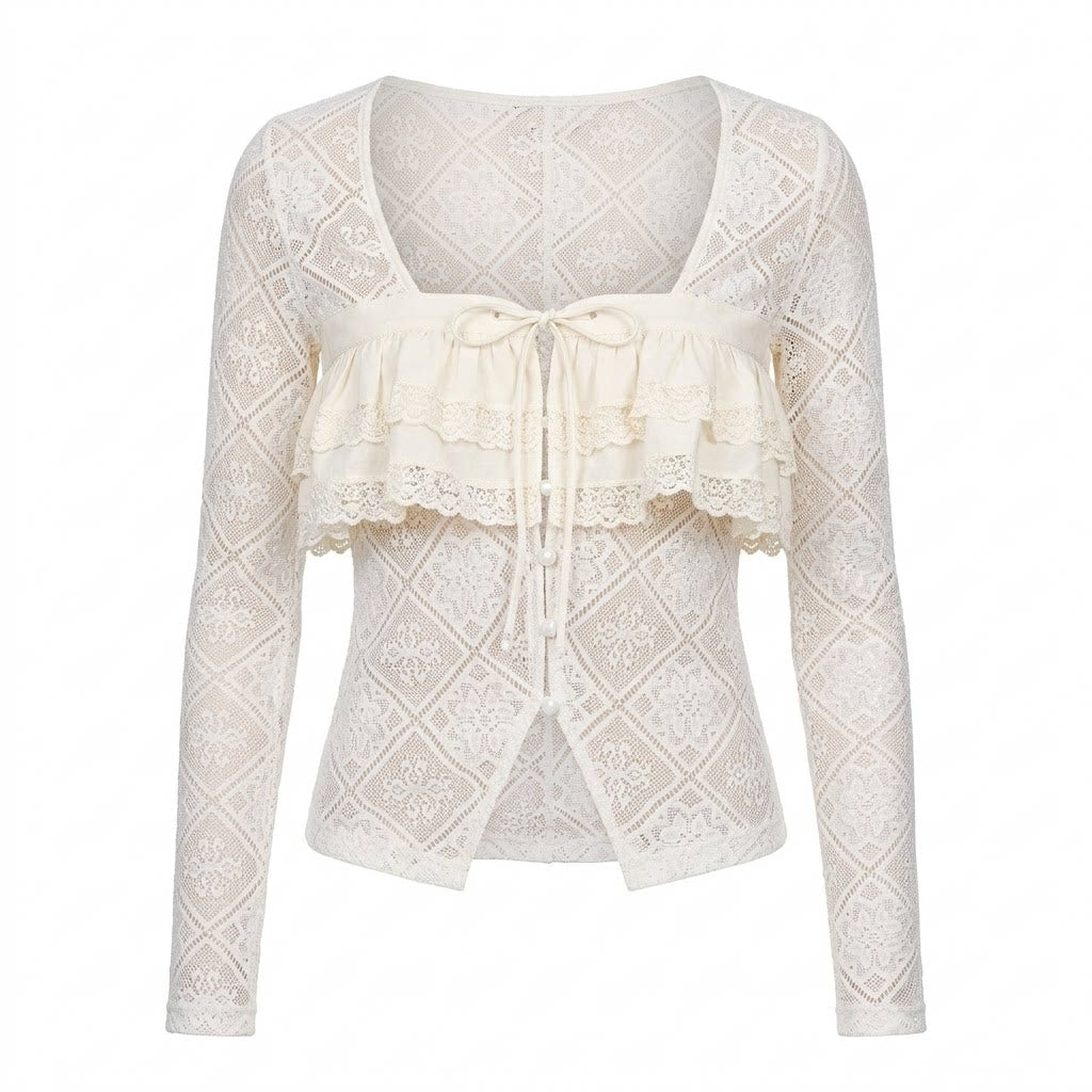 Beige, transparent Strickjacke mit Spitze