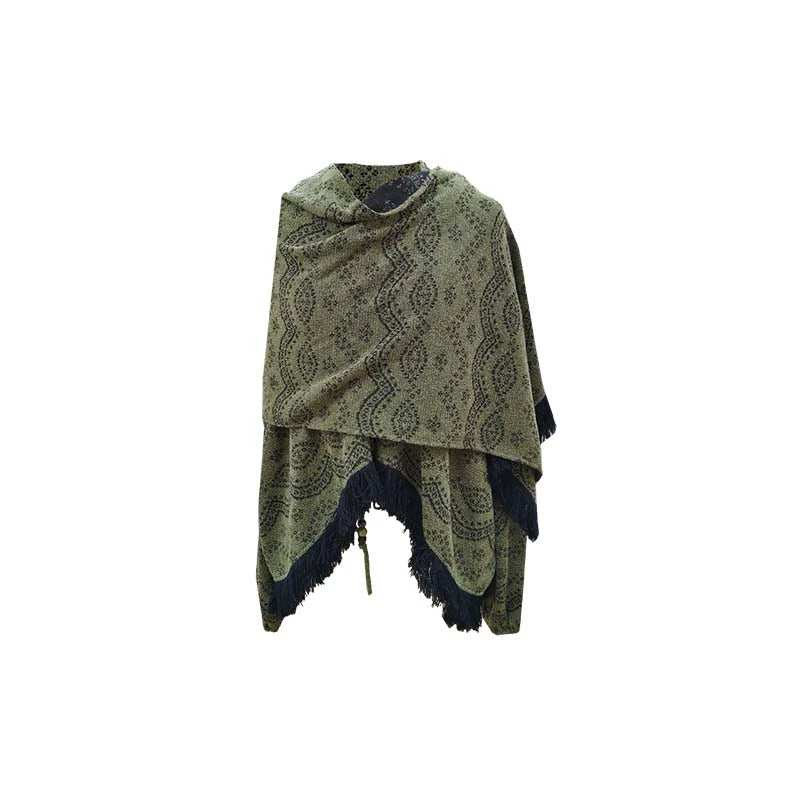 Dark Green Vintage Fringed Top & Scarf Set