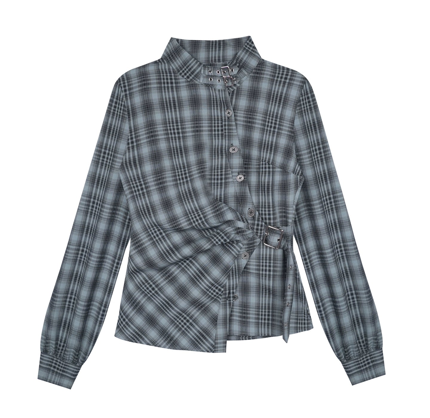 Gray-Blue Plaid Placket Long-Sleeved Shirt