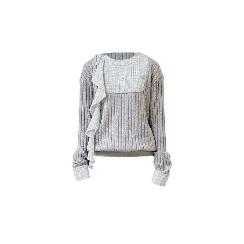Gray Patchwork Ruffled Knitted Top