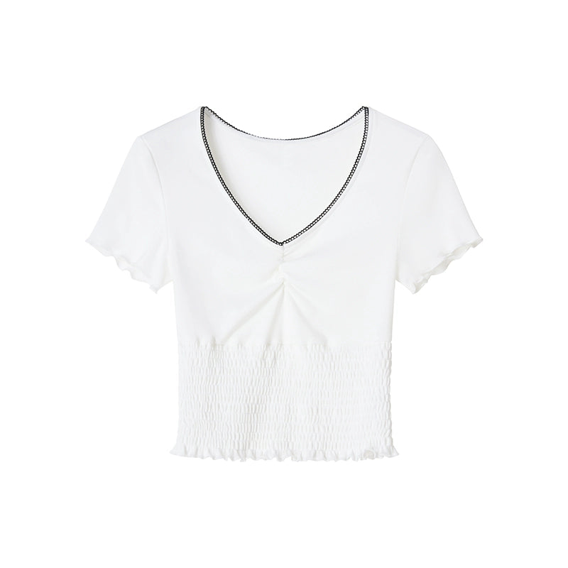 White Lace V-Neck Short Sleeve Top