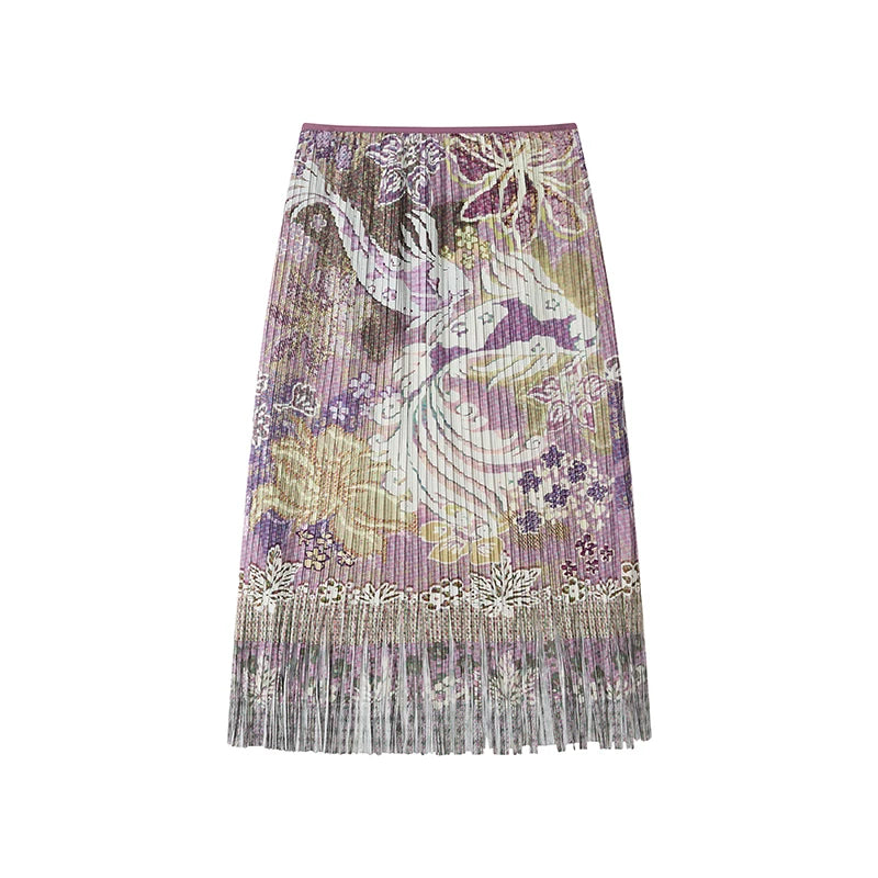 Pleated Satin Floral Skirt