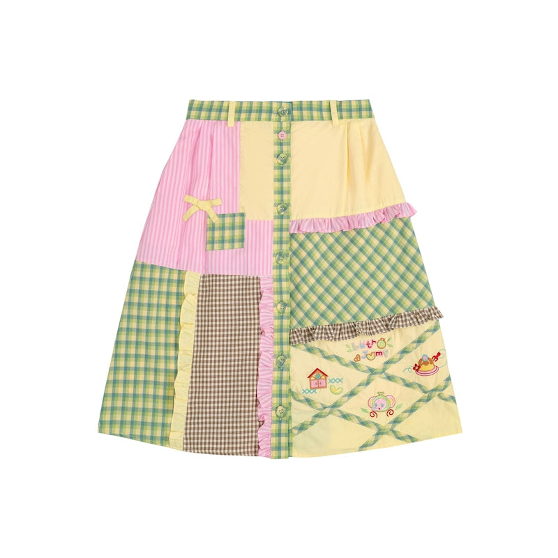 Patchwork Plaid Embroidered Top & Skirt Set-Up