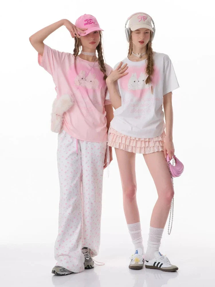 루즈 러브 토끼 프린트 반팔 티셔츠