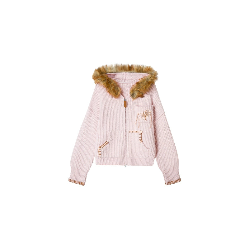 Fur Collar Cable Knit Cardigan