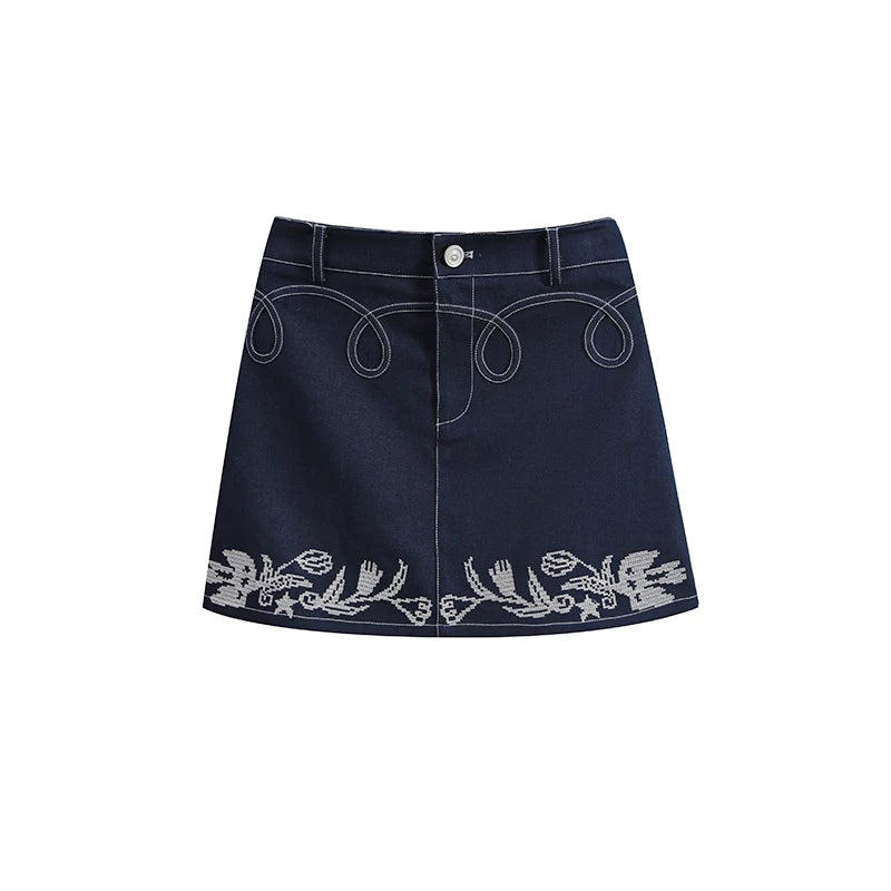 Tulip Embroidery Denim Skirt