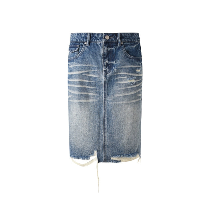 Retro Blue Distressed Denim Skirt