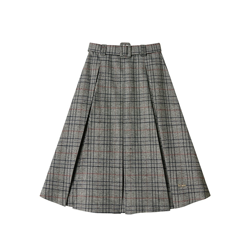 Vintage Gray Plaid Midi Pleated Skirt