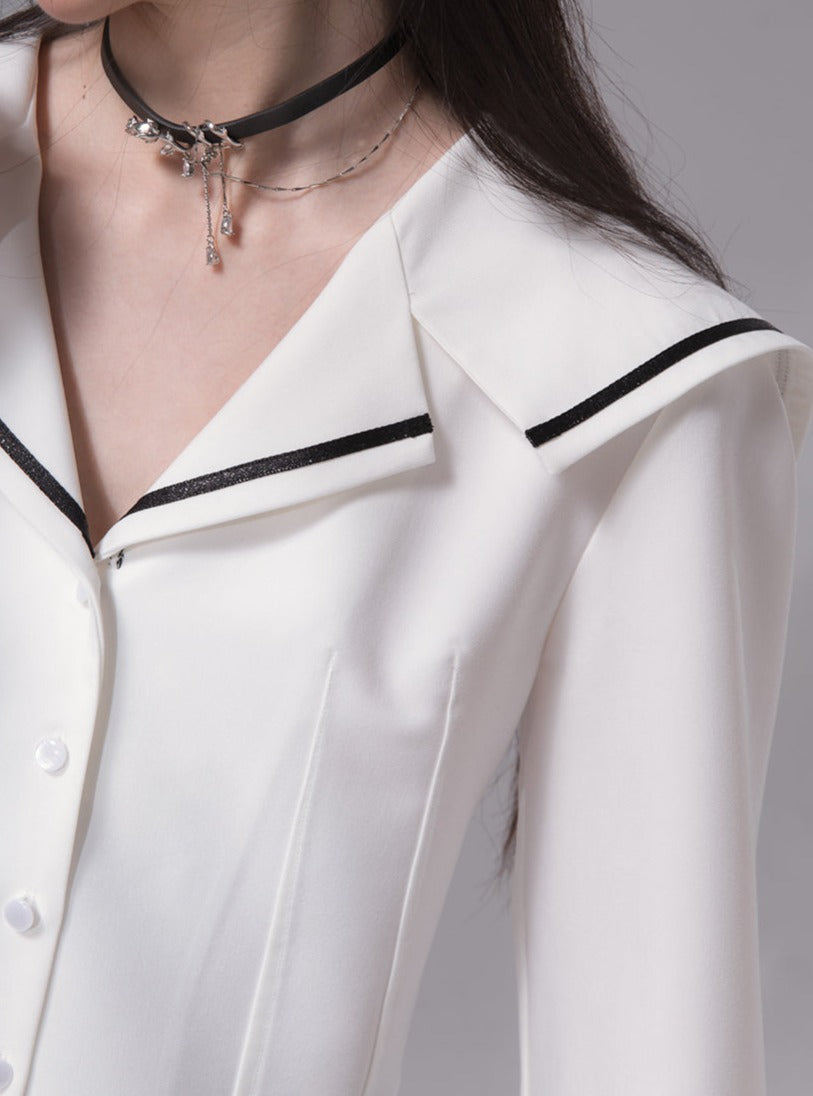 네이비 넥 웨이스트 셔츠 롱 슬리브 탑