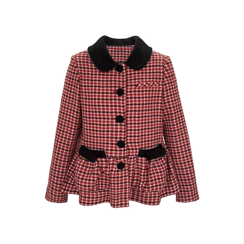 Red Plaid Woolen Short Coat