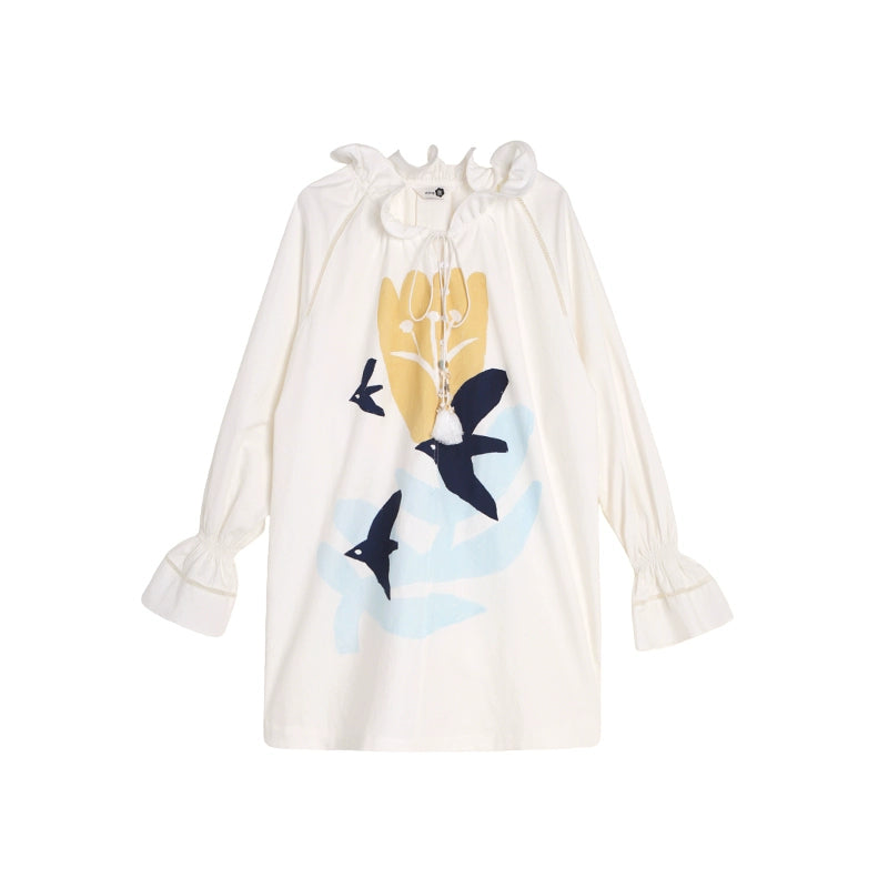 Tulip Bird Print Wood Ear Collar Long Top