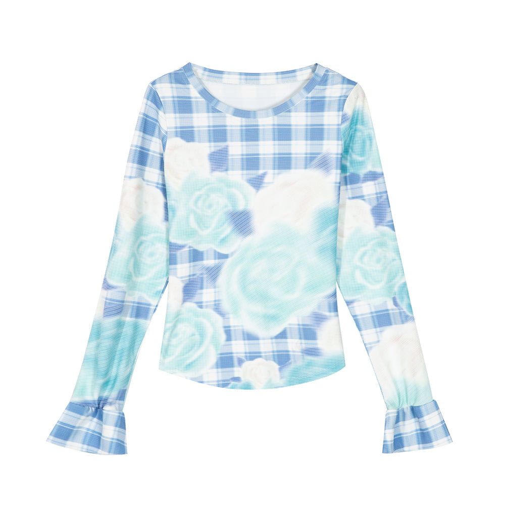 Blue Plaid Flared Sleeve Top